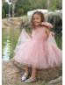 One Shoulder Blush Tulle Pearls Flower Girl Dress